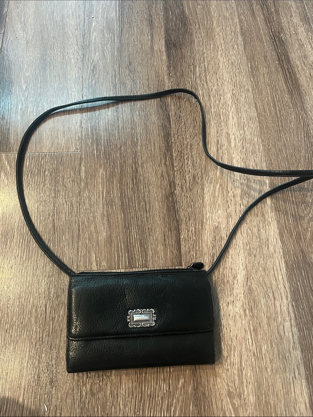 Vintage Fossil Black Leather Crossbody Wallet with Silver Emblem